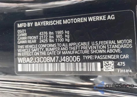 2021 BMW 230I xDrive z USA, uszkodzony, nr VIN WBA2J3C08M7J48006